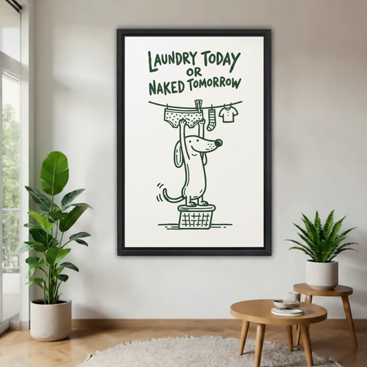 Framed dachshund wall art with Laundry Today or Naked Tomorrow quote hanging in a modern living room
