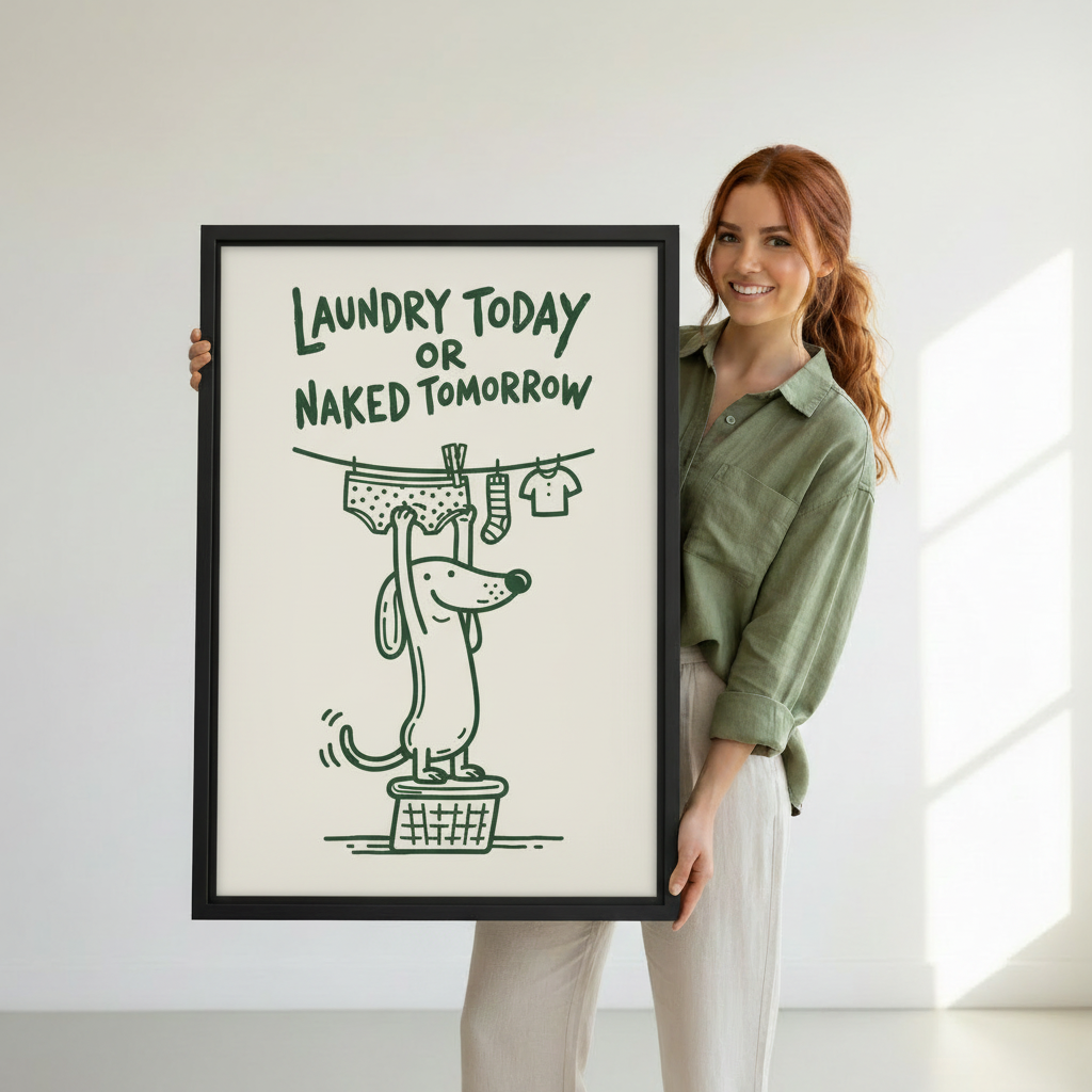 Woman holding large framed dachshund funny laundry wall art print showing size and frame detail