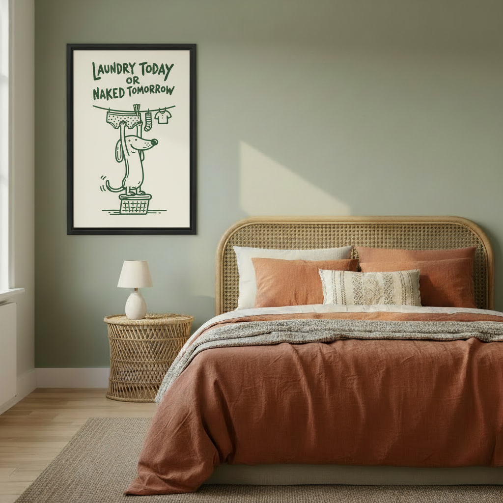 Funny dachshund framed canvas print on sage green bedroom wall above a rattan bed