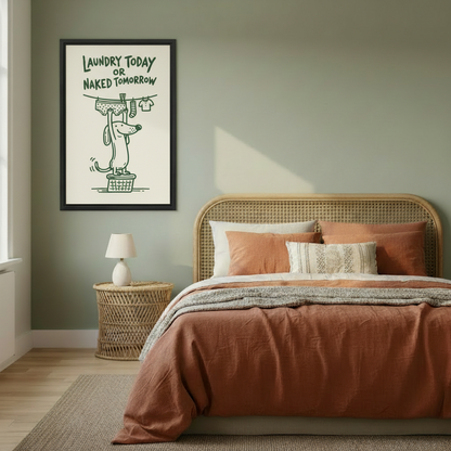 Funny dachshund framed canvas print on sage green bedroom wall above a rattan bed