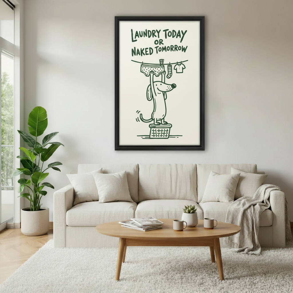 Humorous dachshund laundry quote framed wall art above a white sofa in a Scandinavian living room