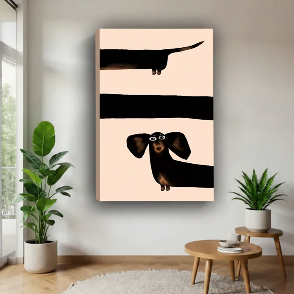 Funny dachshund minimalist pop art gallery wrap canvas wall print in modern living room with plants