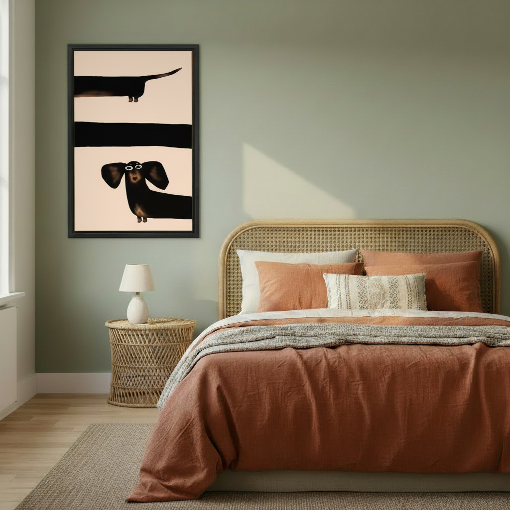 Hilarious dachshund split stripe minimalist framed canvas wall art above bed in boho bedroom decor