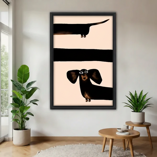 Funny dachshund minimalist pop art framed canvas wall print displayed in bright living room with greenery