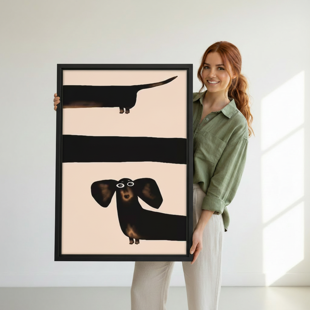 Woman holding large framed funny dachshund minimalist pop art canvas wall print size display