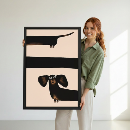 Woman holding large framed funny dachshund minimalist pop art canvas wall print size display