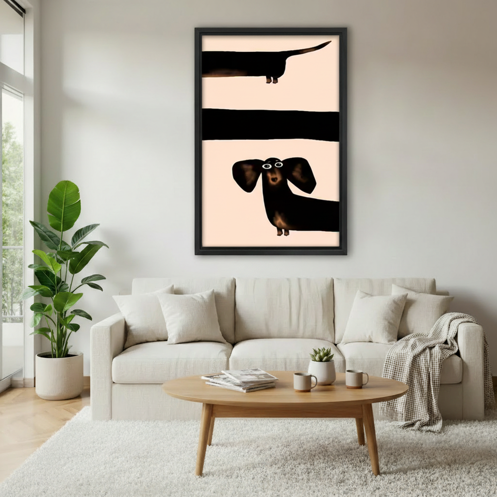 Minimalist dachshund pop art framed canvas wall print above sofa in modern neutral living room