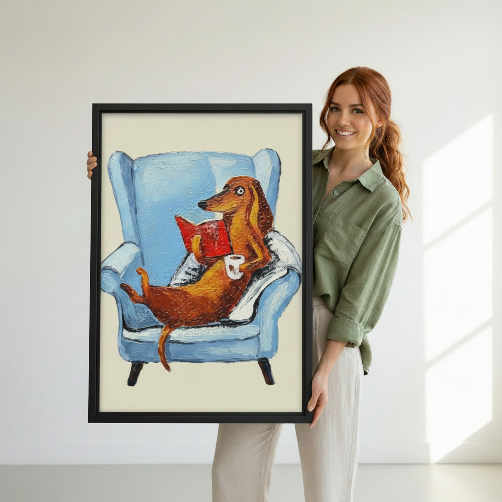 Woman holding funny dachshund reading canvas wall art – whimsical dog framed print