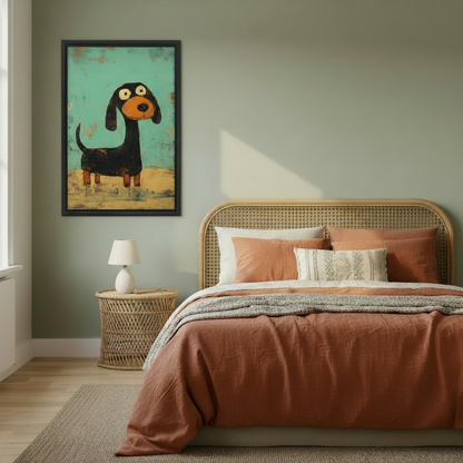 Whimsical dachshund teal retro framed canvas wall art beside rattan bed on sage green wall, funny big-eyed dachshund oil painting dog lover bedroom decor
