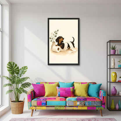 Funny black tan dachshund unrolled toilet paper eucalyptus vase cream black framed canvas wall art on white wall above colorful patchwork sofa with large monstera plant and iron display shelf