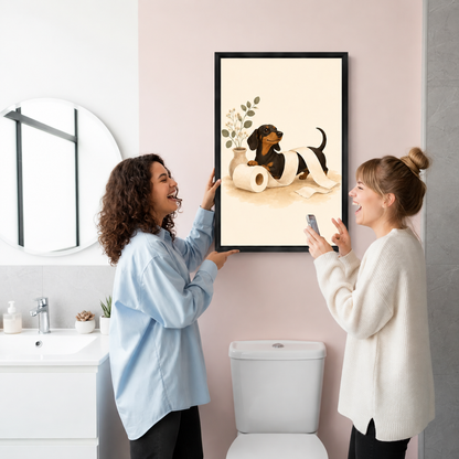 Two laughing women hanging funny black tan dachshund toilet paper roll eucalyptus vase cream black framed canvas wall art above toilet in blush pink bathroom with round mirror and white vanity