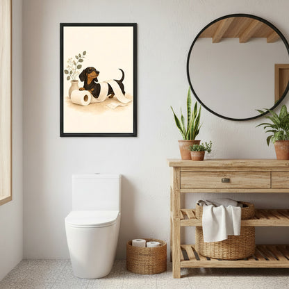 Funny black tan dachshund unrolled toilet paper eucalyptus vase cream black framed canvas wall art on white wall above white toilet beside wood drawer vanity with round black mirror and snake plant pots