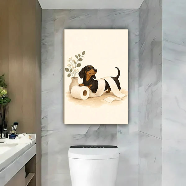 Funny black tan dachshund toilet paper roll eucalyptus vase cream gallery wrap canvas wall art on gray marble wall above white smart toilet beside vanity with green plant