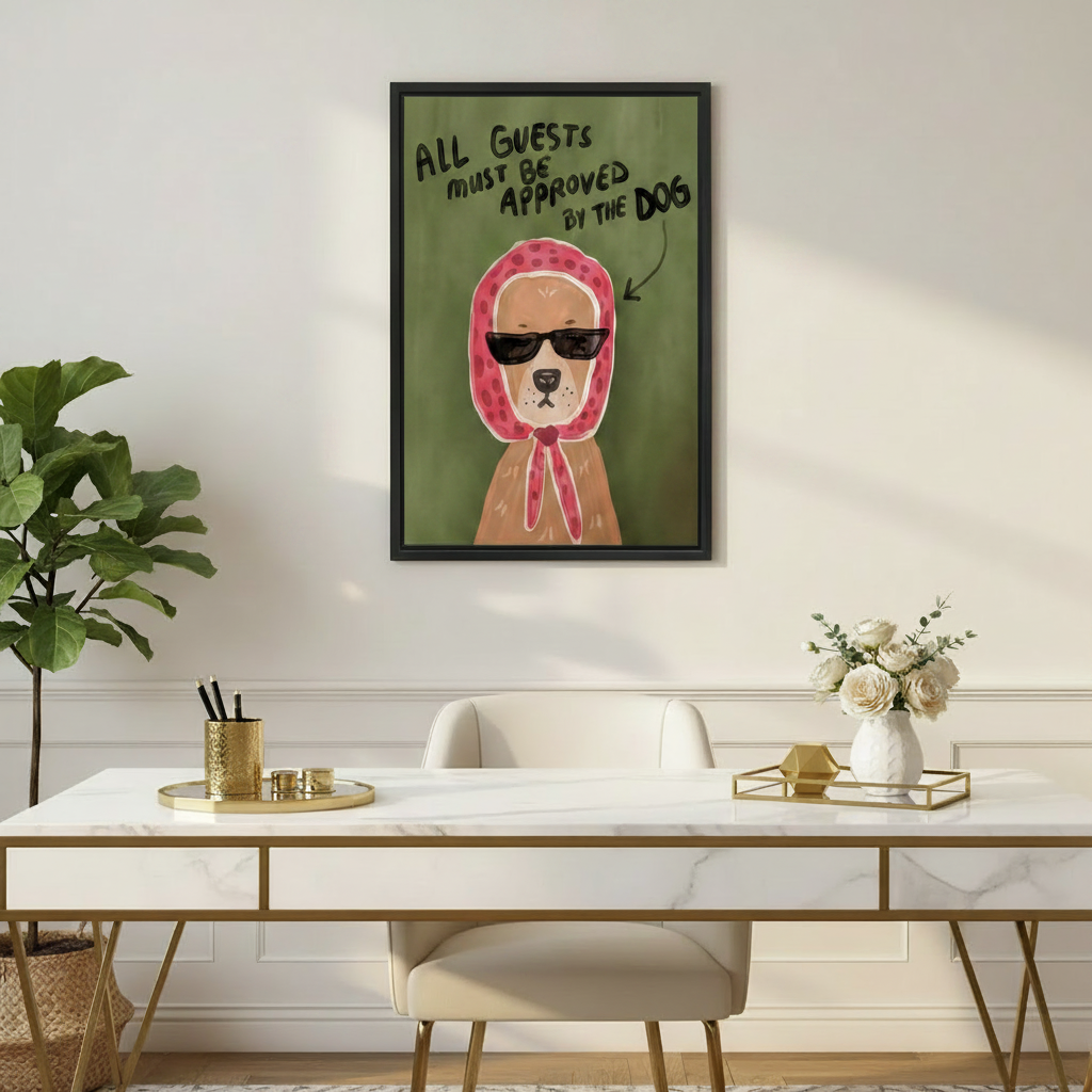 Funny dog All Guests Must Be Approved By The Dog framed canvas wall art above marble desk in elegant gold-accented home office with white roses