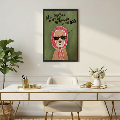 Funny dog All Guests Must Be Approved By The Dog framed canvas wall art above marble desk in elegant gold-accented home office with white roses