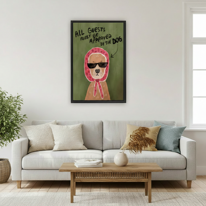 Quirky dog humor framed canvas wall art above white sofa in bright Scandinavian living room with wood coffee table and pampas grass