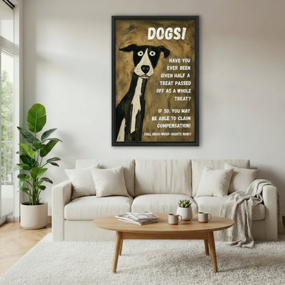 Close-up detail of goofy black and white dog with googly eyes on brown textured background, funny dog canvas wall art