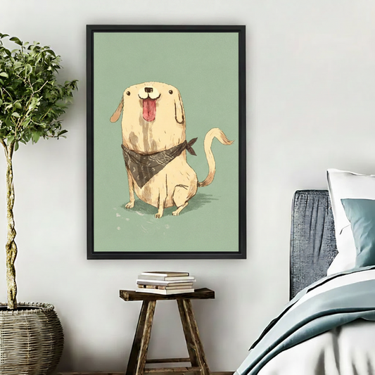 Cute cartoon Labrador bandana framed canvas art bedroom decor sage green funny animal print