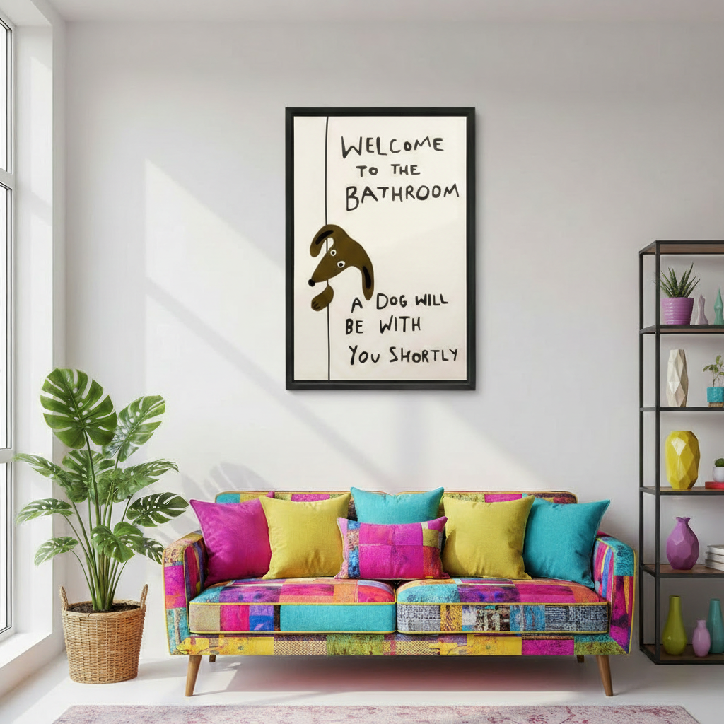 Funny dog bathroom quote framed canvas wall art displayed above a colorful patchwork sofa in a bright eclectic living room