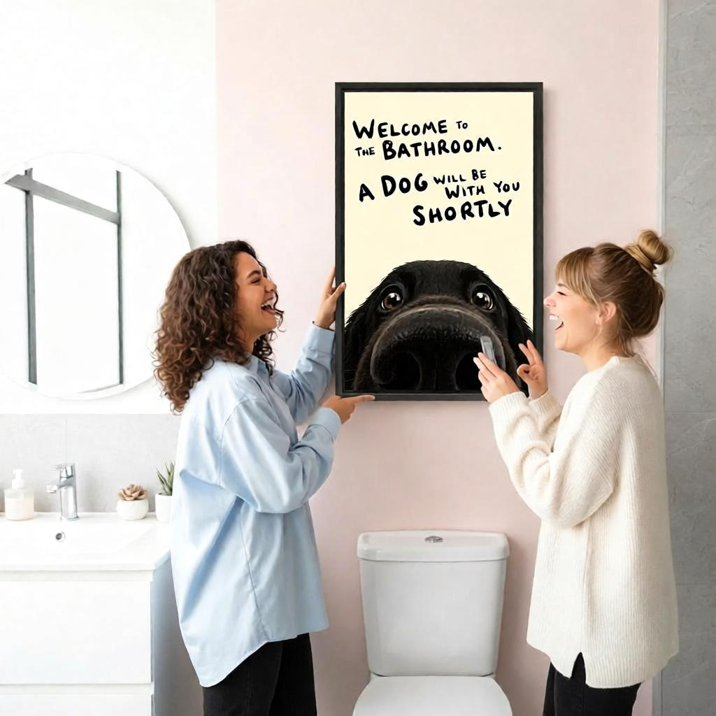 Two laughing women hanging funny dog bathroom quote welcome black labrador cream black framed canvas wall art above toilet in pink bathroom with round mirror and white vanity