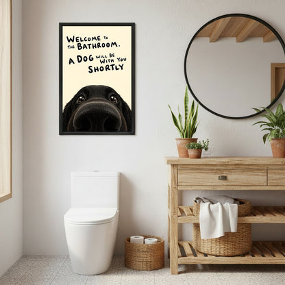 Funny dog bathroom quote welcome black labrador peeking cream black framed canvas wall art beside round black mirror above wood drawer vanity with terracotta snake plant pots