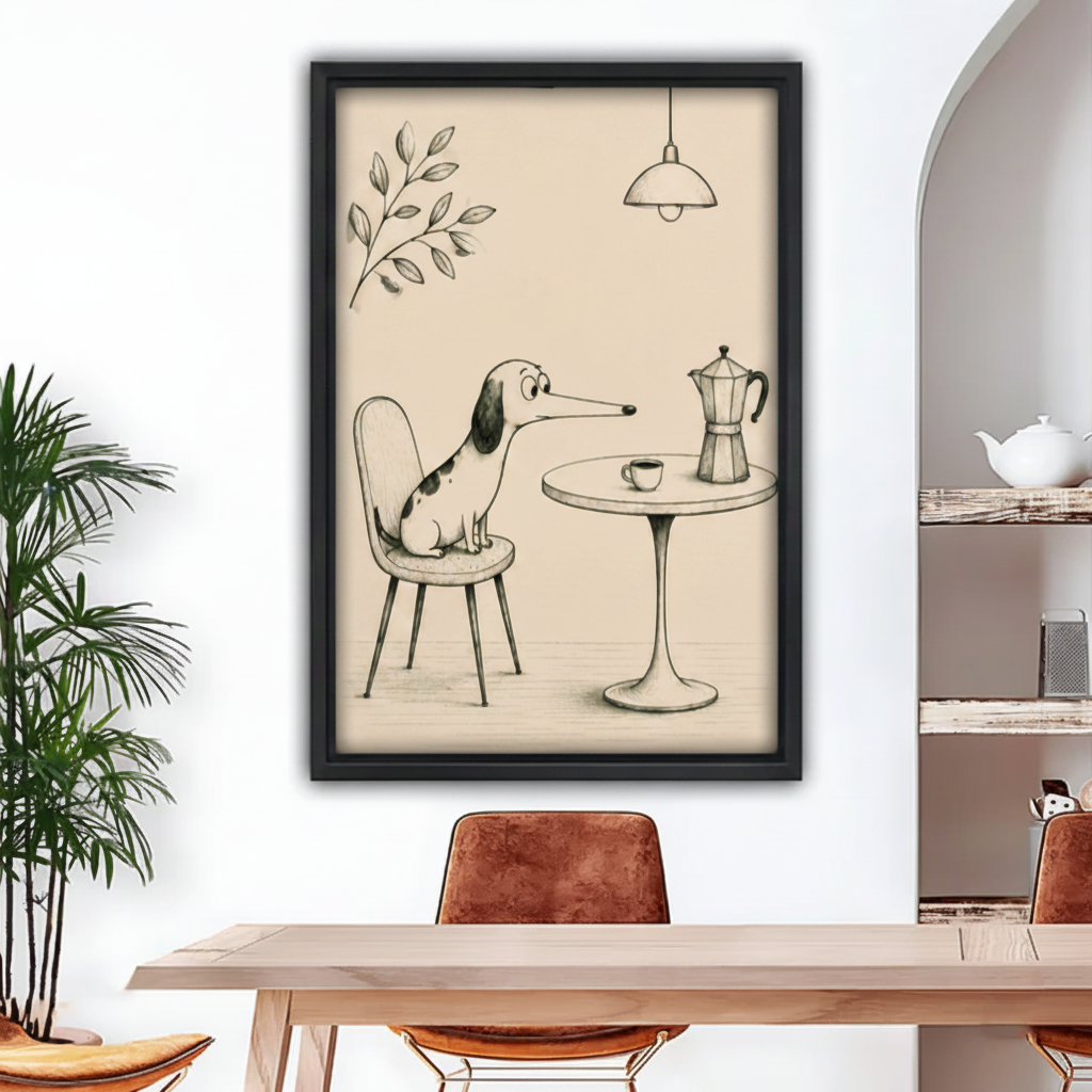 Funny long-nosed dog at coffee table black framed canvas art – humorous animal wall decor for kitchen or dining room