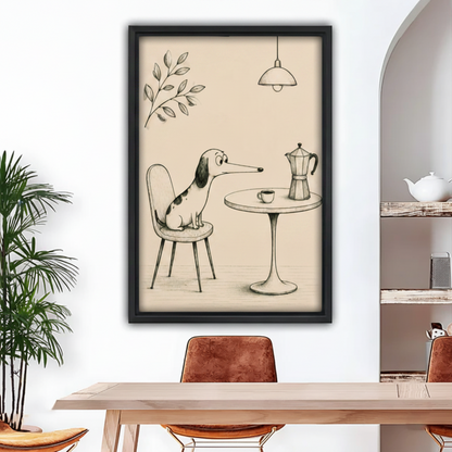 Funny long-nosed dog at coffee table black framed canvas art – humorous animal wall decor for kitchen or dining room