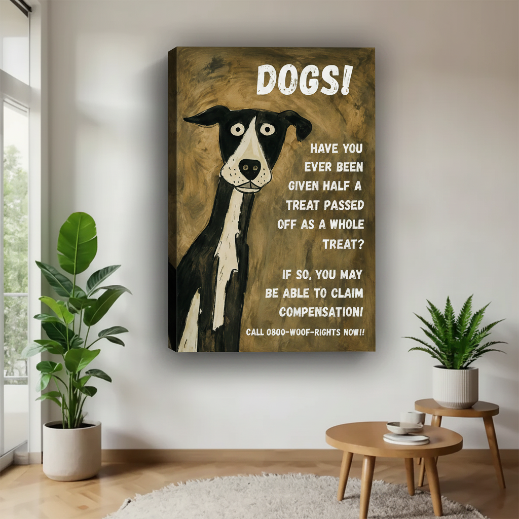 Frameless gallery wrap canvas of humorous black and white dog poster, retro folk art wall print with thick side edges