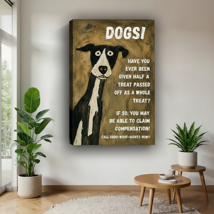 Frameless gallery wrap canvas of humorous black and white dog poster, retro folk art wall print with thick side edges