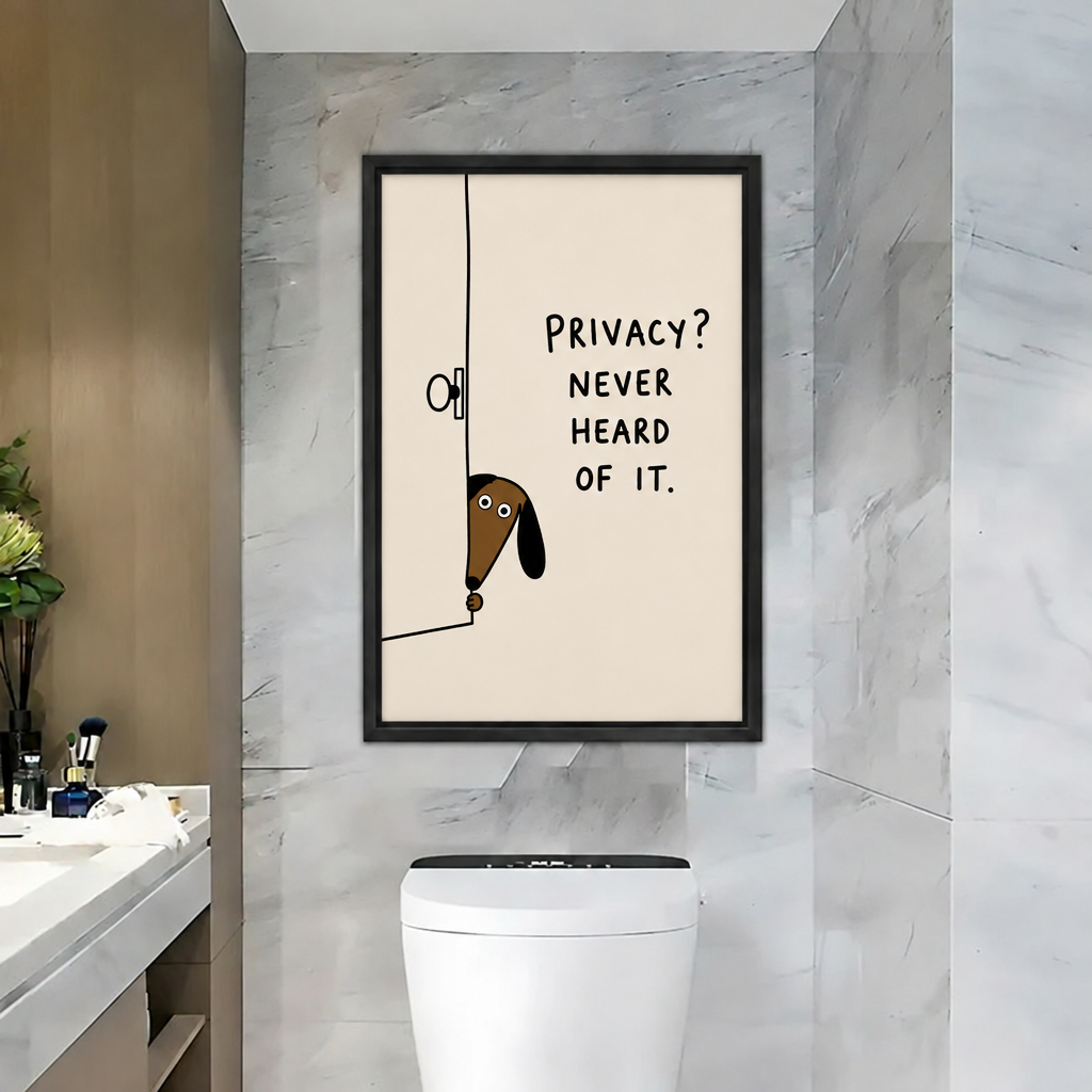  Black-framed funny dog canvas wall art showing a dog peeking around a door above a white bathroom toilet.