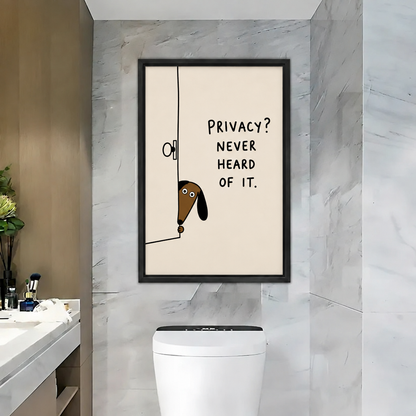  Black-framed funny dog canvas wall art showing a dog peeking around a door above a white bathroom toilet.