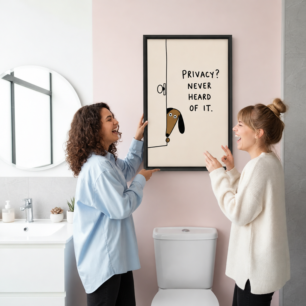 Two women smiling beside black-framed funny dog canvas wall art featuring a privacy quote in a pink bathroom.