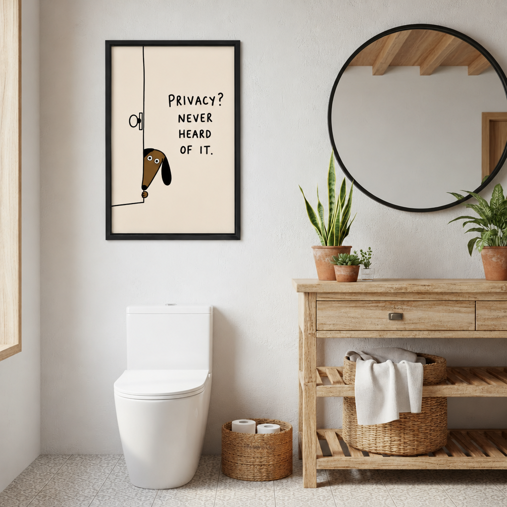 Funny dog canvas wall art with playful privacy lettering beside a round mirror and rustic wooden bathroom vanity.