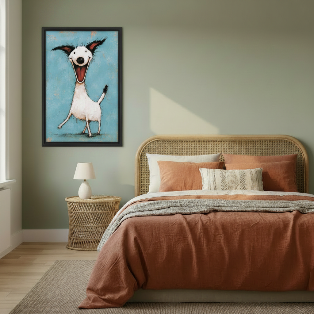 Cartoon funny dog canvas wall art with black frame displayed on sage green bedroom wall beside a rattan headboard and warm terracotta bedding