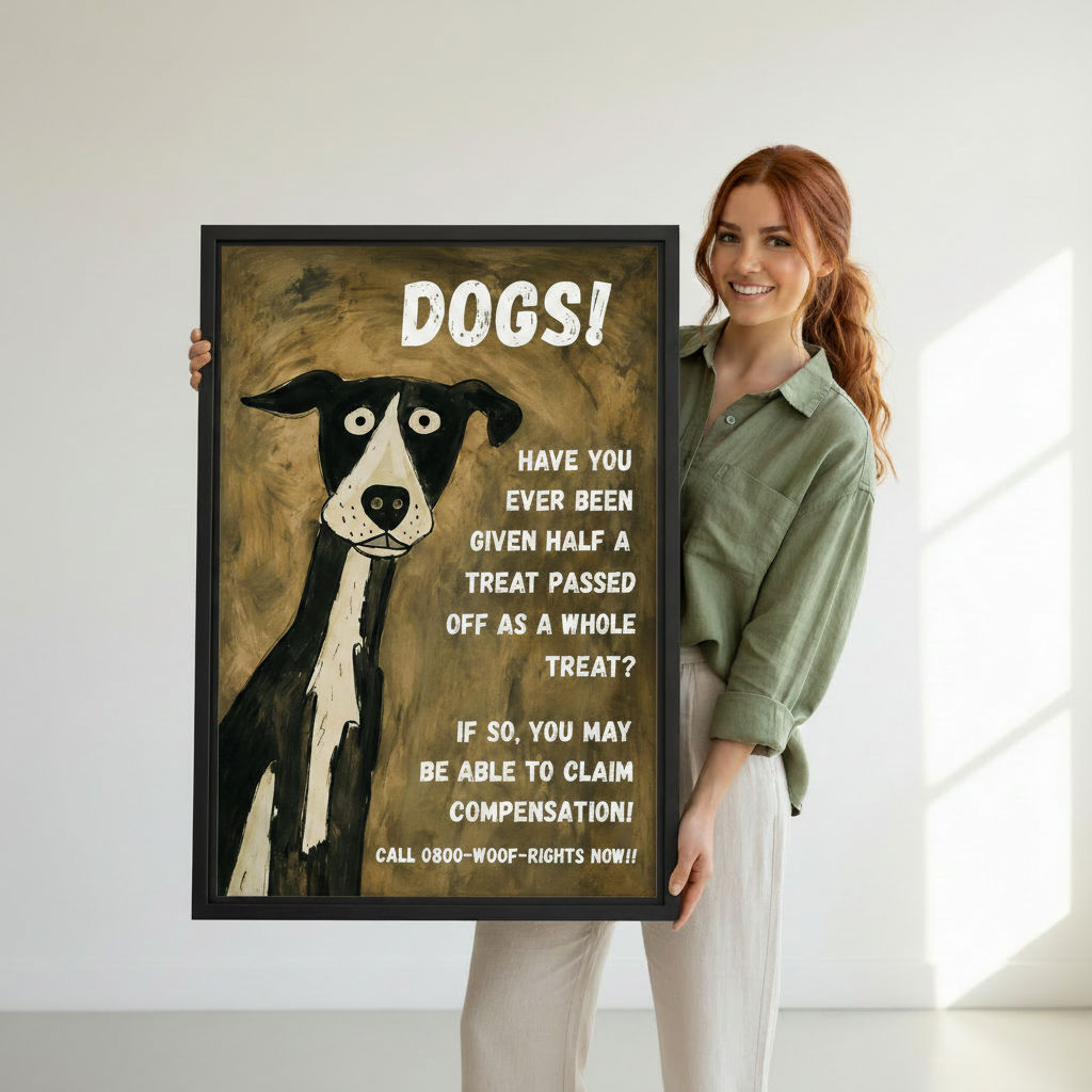 Large black framed funny dog poster canvas print on white wall, humorous retro dog lover wall art home decor