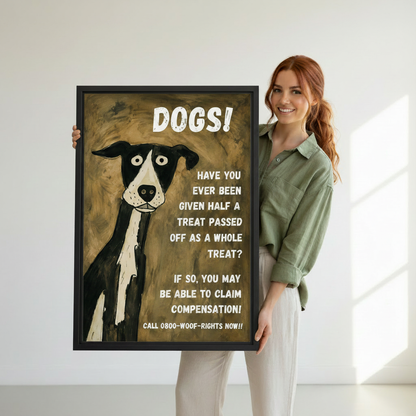 Large black framed funny dog poster canvas print on white wall, humorous retro dog lover wall art home decor