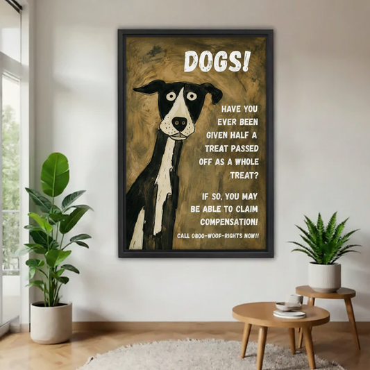 Funny dog poster canvas print in black frame, humorous retro wall art with DOGS text, modern living room decor
