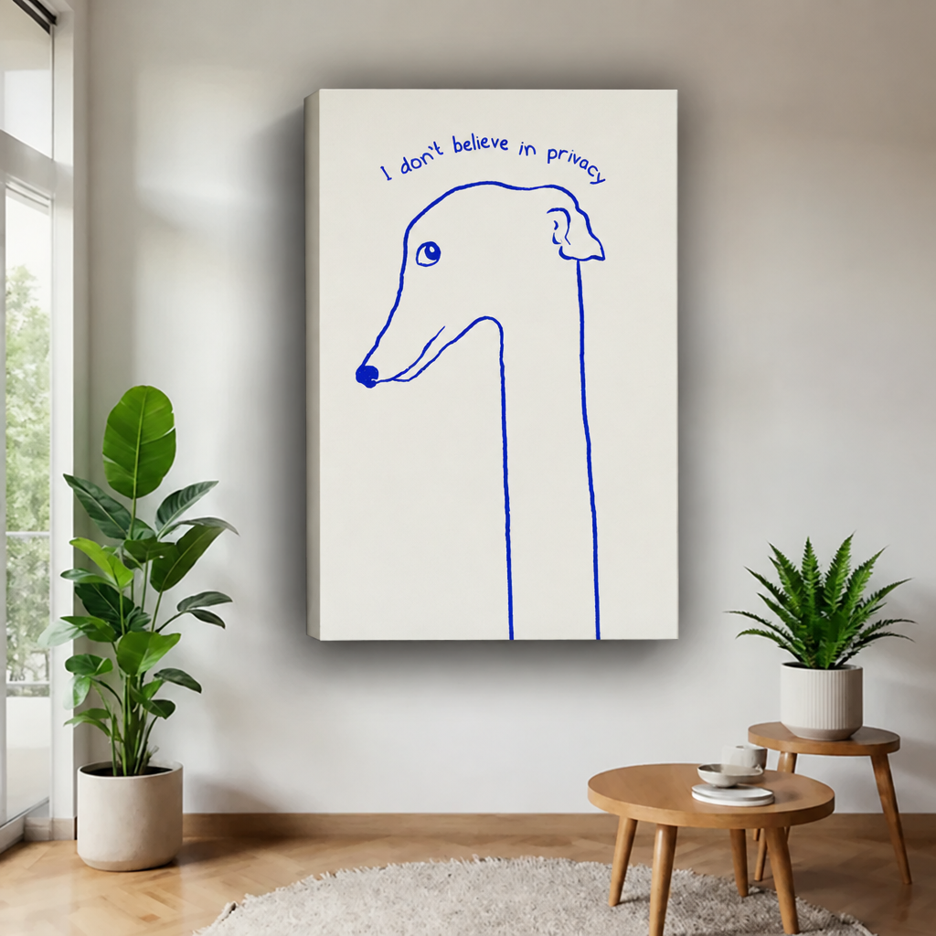 Gallery-wrap funny dog quote canvas wall art showing a long-nosed dog drawn in blue on white.