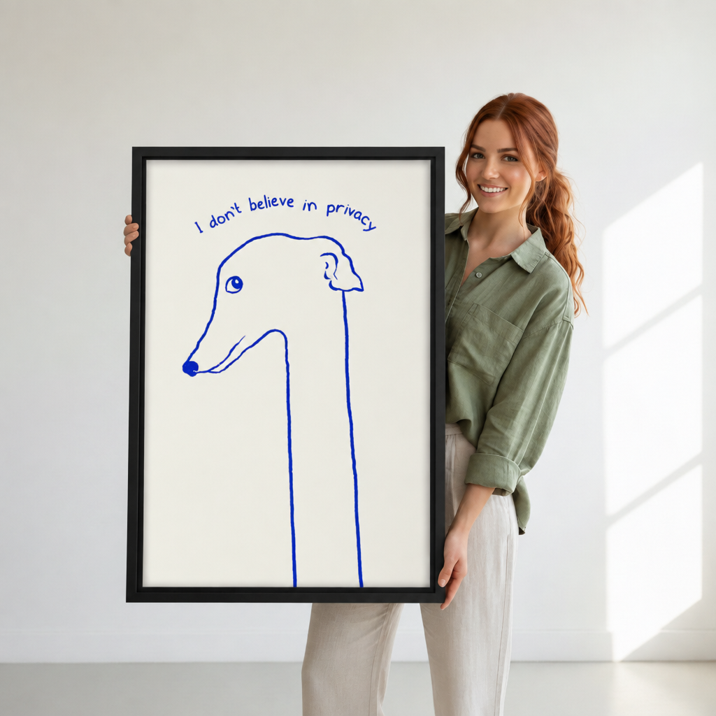 Woman holding black-framed funny dog quote canvas wall art to show the vertical artwork at room scale.
