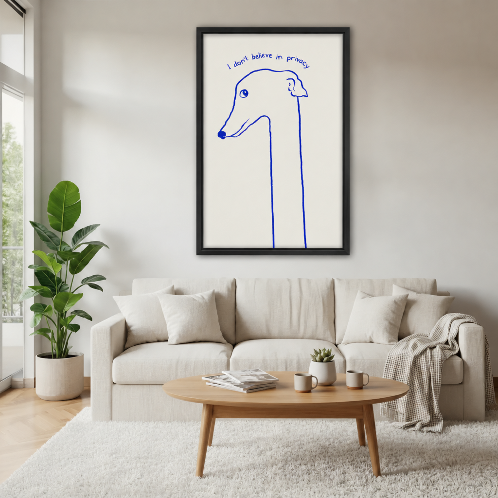 Funny dog quote canvas wall art hanging above a white sofa in a bright living room.