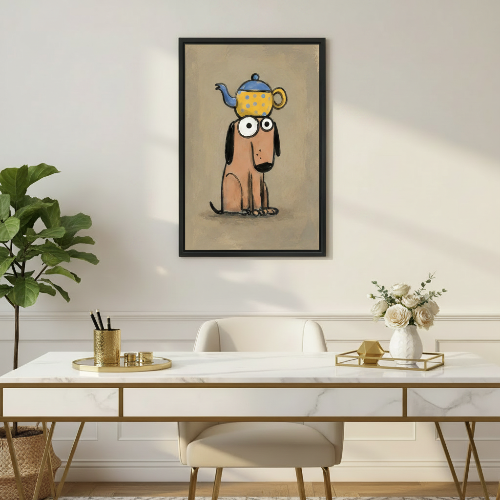 Funny dog teapot wall art framed canvas displayed in modern home office