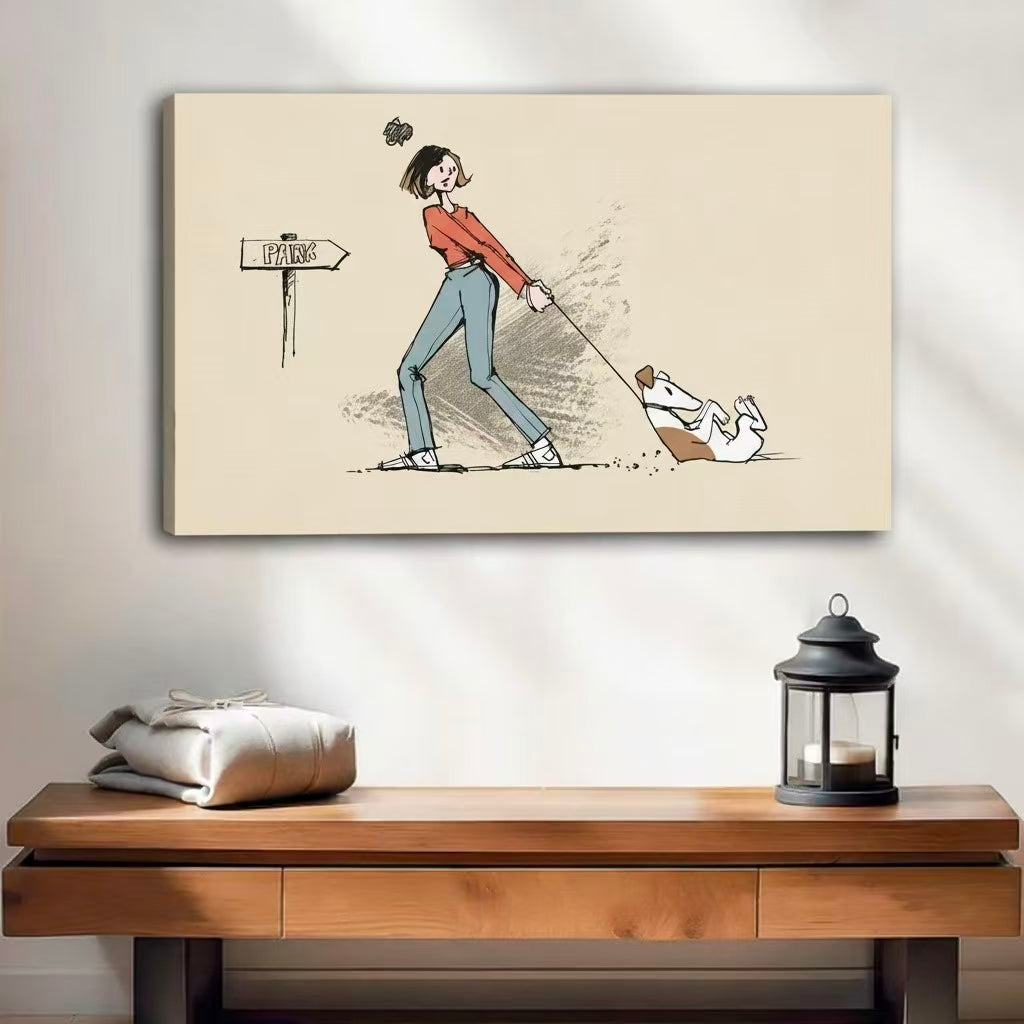 Frameless gallery wrap funny dog walk sketch canvas print, woman in red top pulling stubborn white dog on leash, humorous pencil illustration wall art