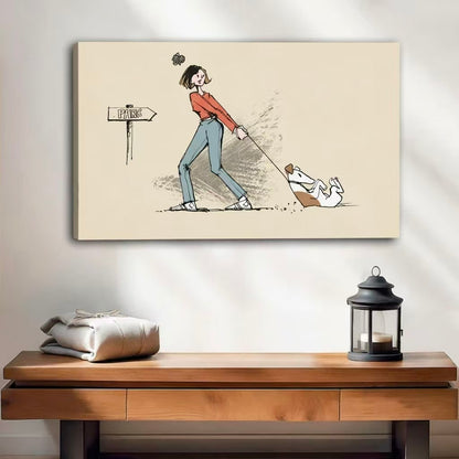 Frameless gallery wrap funny dog walk sketch canvas print, woman in red top pulling stubborn white dog on leash, humorous pencil illustration wall art