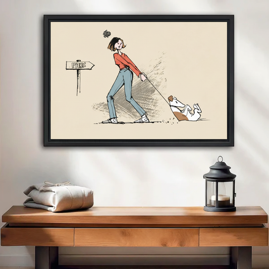 Funny dog walk sketch canvas wall art displayed in interior scene, woman in red pulling stubborn white dog on leash near park sign, humorous illustration for living room