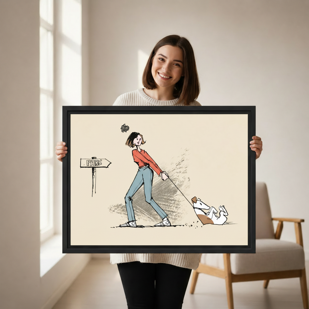Funny dog walk sketch framed canvas wall art with woman in red pulling stubborn white dog on leash near park sign, beige background, displayed above wooden console table