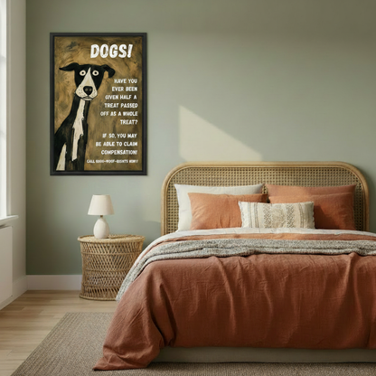 Humorous dog poster canvas print in black frame above rattan bed, funny retro wall art bedroom decor