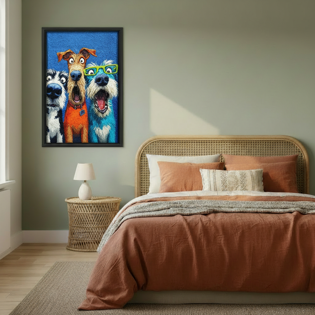 Three funny cartoon dogs framed canvas above bed, colorful dog selfie wall art orange dog white dog blue dog bedroom decor