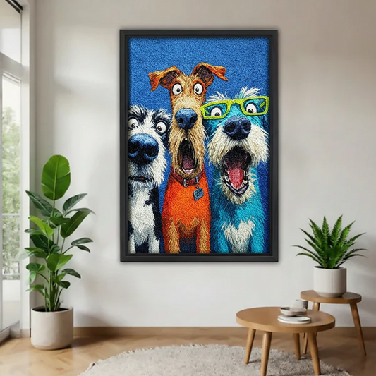 Funny dogs selfie framed canvas wall art in entryway with plants, quirky colorful cartoon dog print blue background home decor