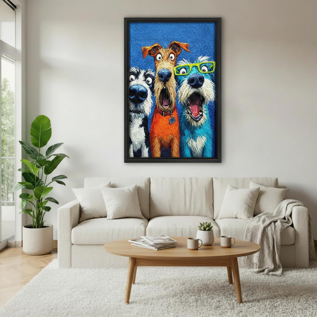 Funny dogs selfie framed canvas wall art above sofa, colorful cartoon three dogs with green glasses blue background living room decor