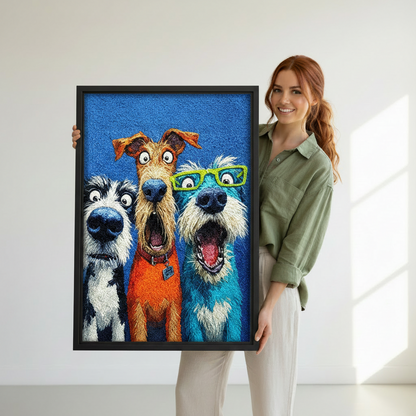 Woman holding large framed funny dogs selfie canvas print, colorful cartoon three dogs with green glasses blue background wall art